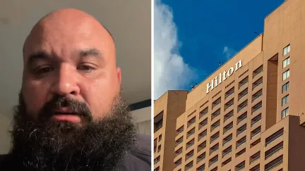 man shares hilton hotel experience (l) Hilton hotel front view (r)