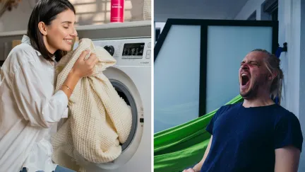 woman does boyfriends laundry (l) man throwing a tantrum (r)