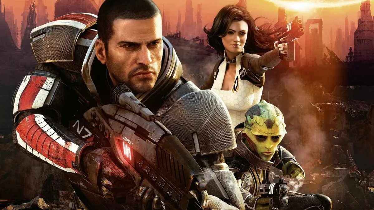 A group of space age soldiers ready weapons in "Mass Effect 2"