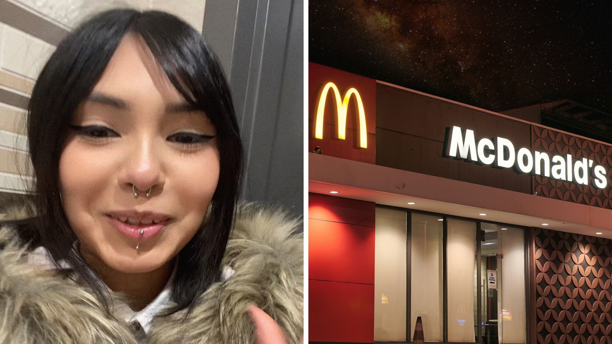 woman shares work experience (l) McDonalds front entrance (r)