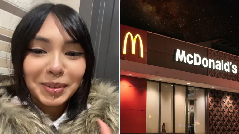woman shares work experience (l) McDonalds front entrance (r)