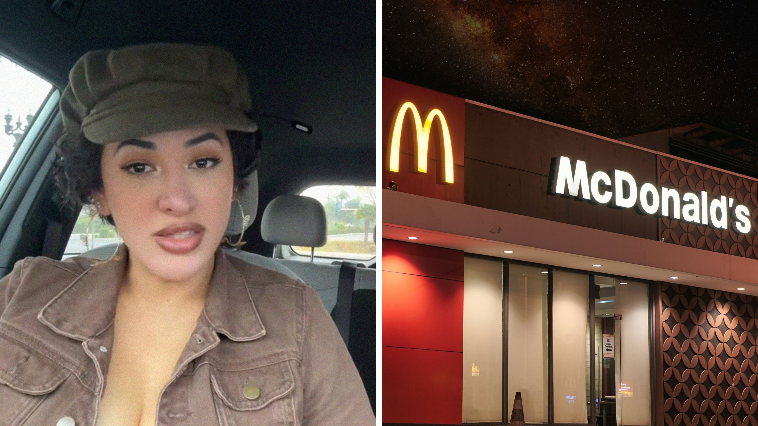 woman shares Mcdonalds experience (l) Mcdonalds store front (r)