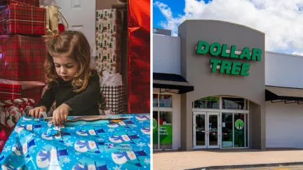 little girl opening gift (l) dollar tree store front (r)