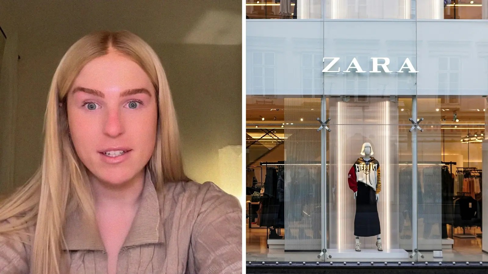 woman shares shopping experience (l) zara store front (r)