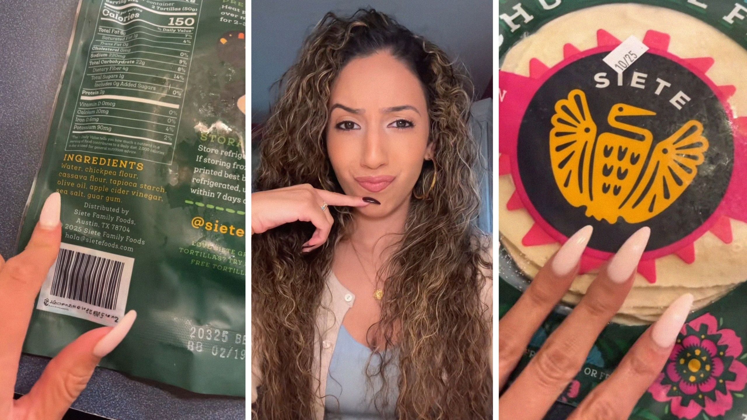 tortilla ingredients (l) woman shares purchase issue (c) Siete gluten free tortillas (r)