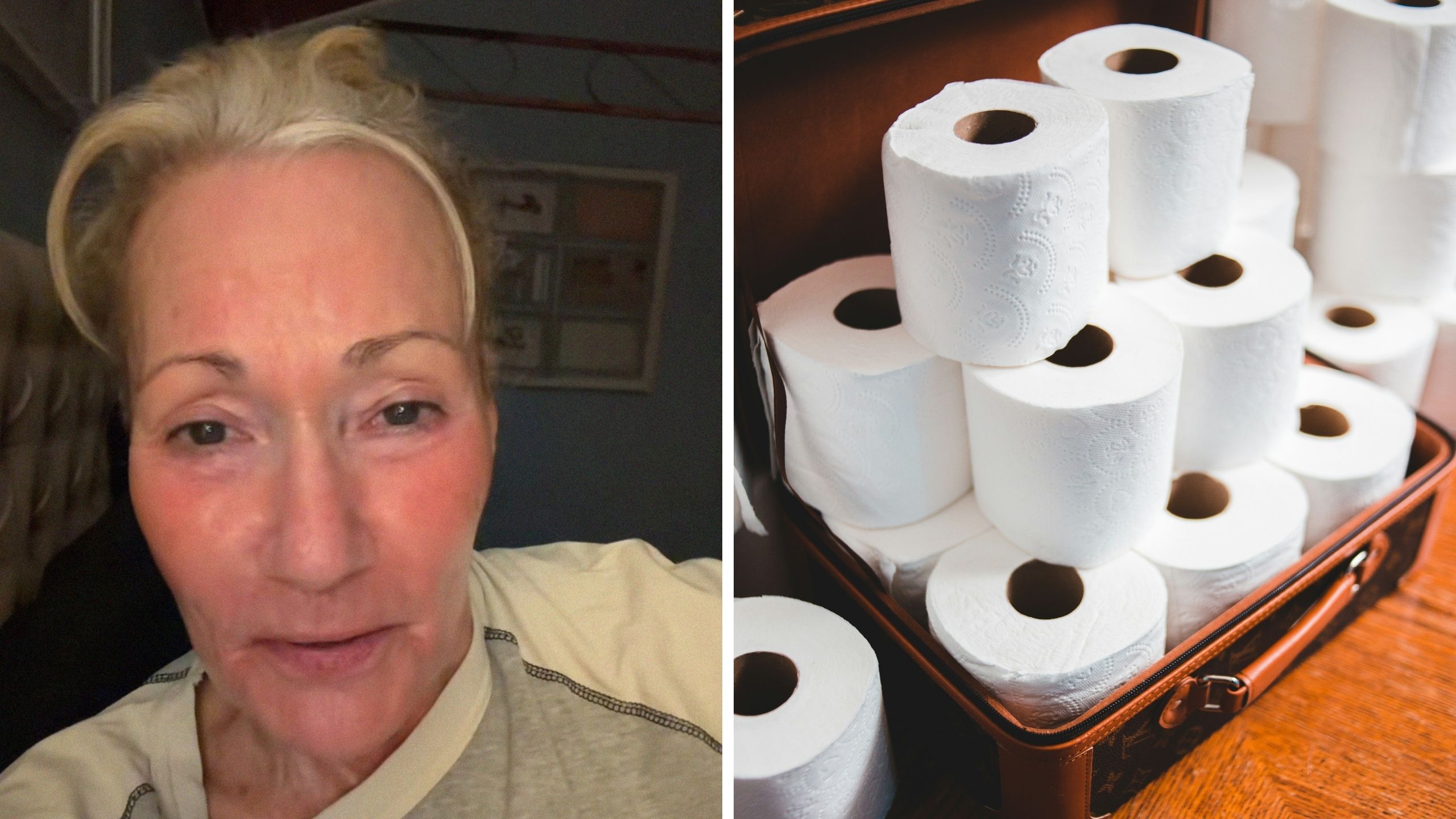 woman shares toilet paper story (l) box of toilet paper (r)