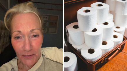 woman shares toilet paper story (l) box of toilet paper (r)