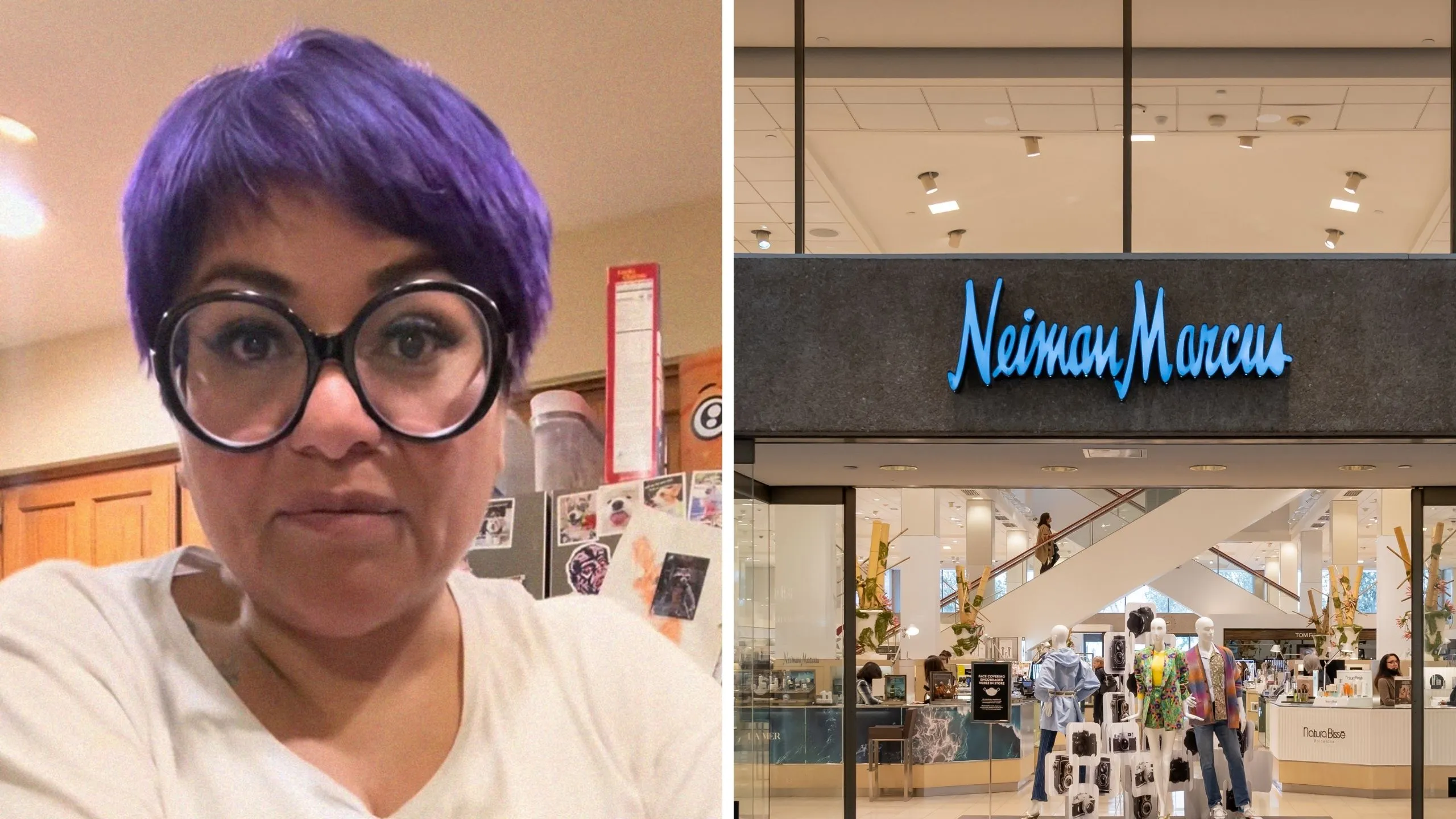 woman shares online purchase (l) Neiman Marcus store front (r)