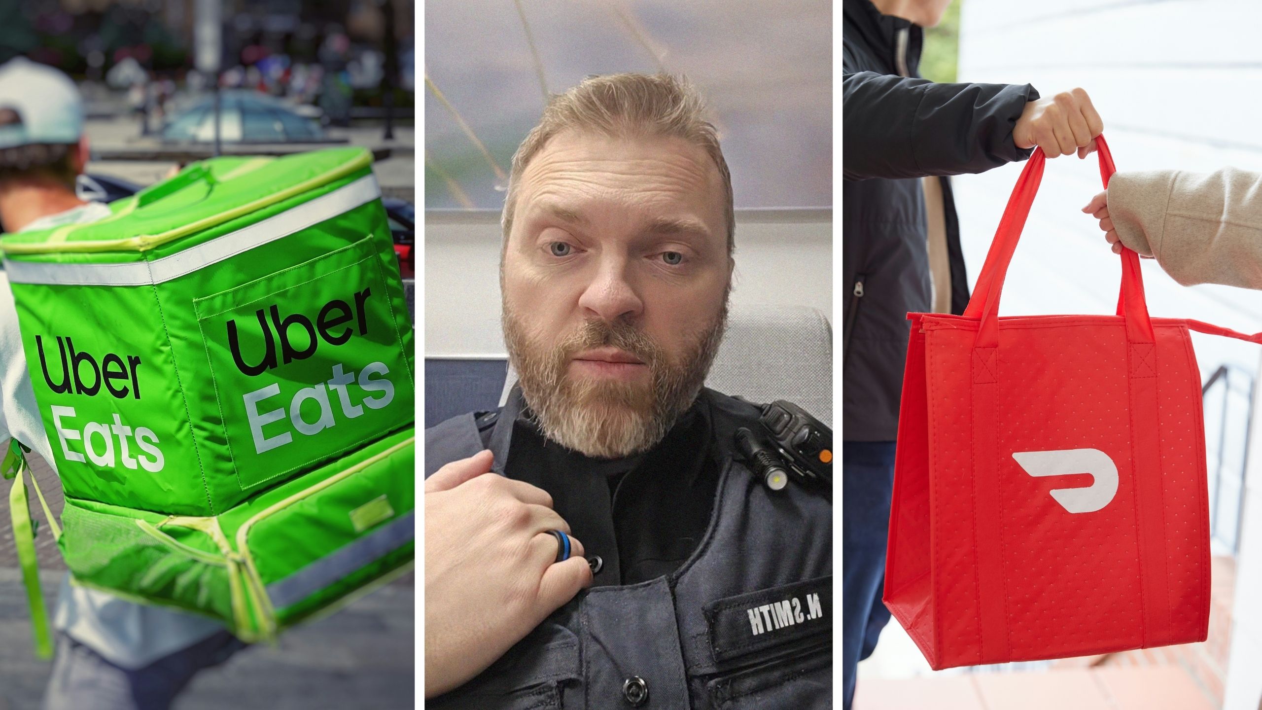 uber eats delivery (l) officer shares psa for delivery (c) doordash delivery (r)