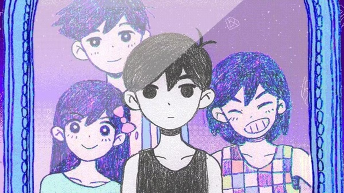 A stoic boy looks into a mirror surrounded by happy children in "Omori"
