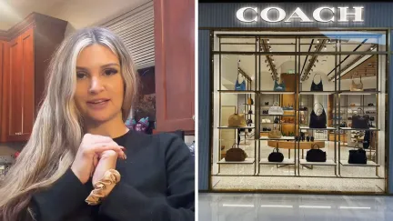 woman shares gift she got for her daughters teacher (l) coach store front (r)