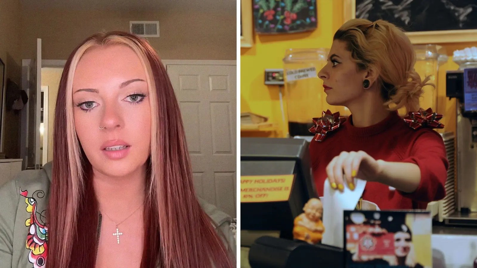 woman shares job experience (l) waitress printing bill (r)