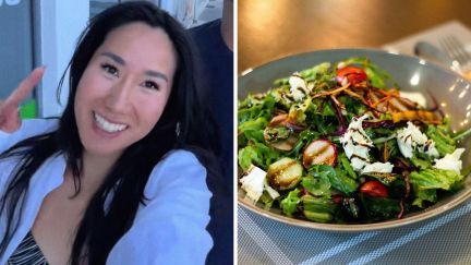 woman goes to new restaurant (l) salad made with different greens (r)