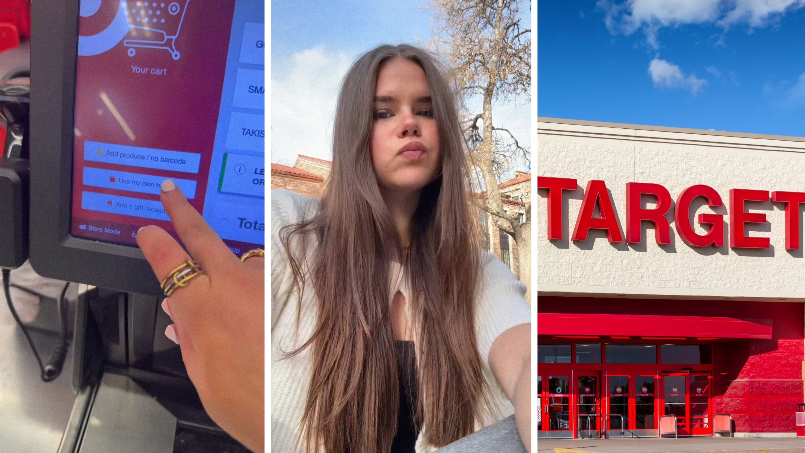 woman does self check out (l) woman shares target hacks (c) target store front (r)
