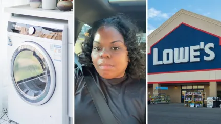washer-dryer in home (l) woman shares shopping experience (c) lowe's store front (r)