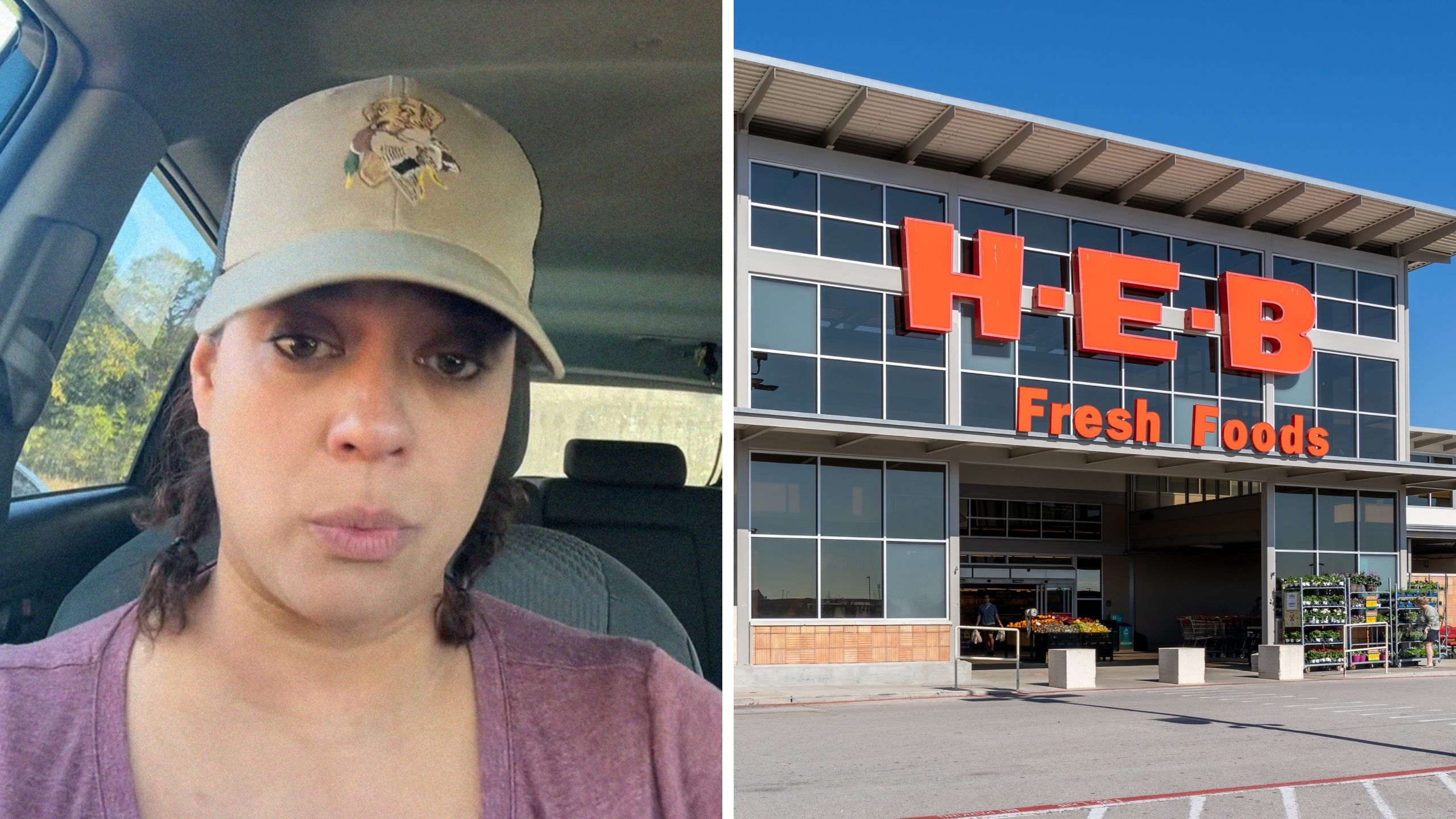 woman shares grocery shopping experience (l) H.E.B store front (r)