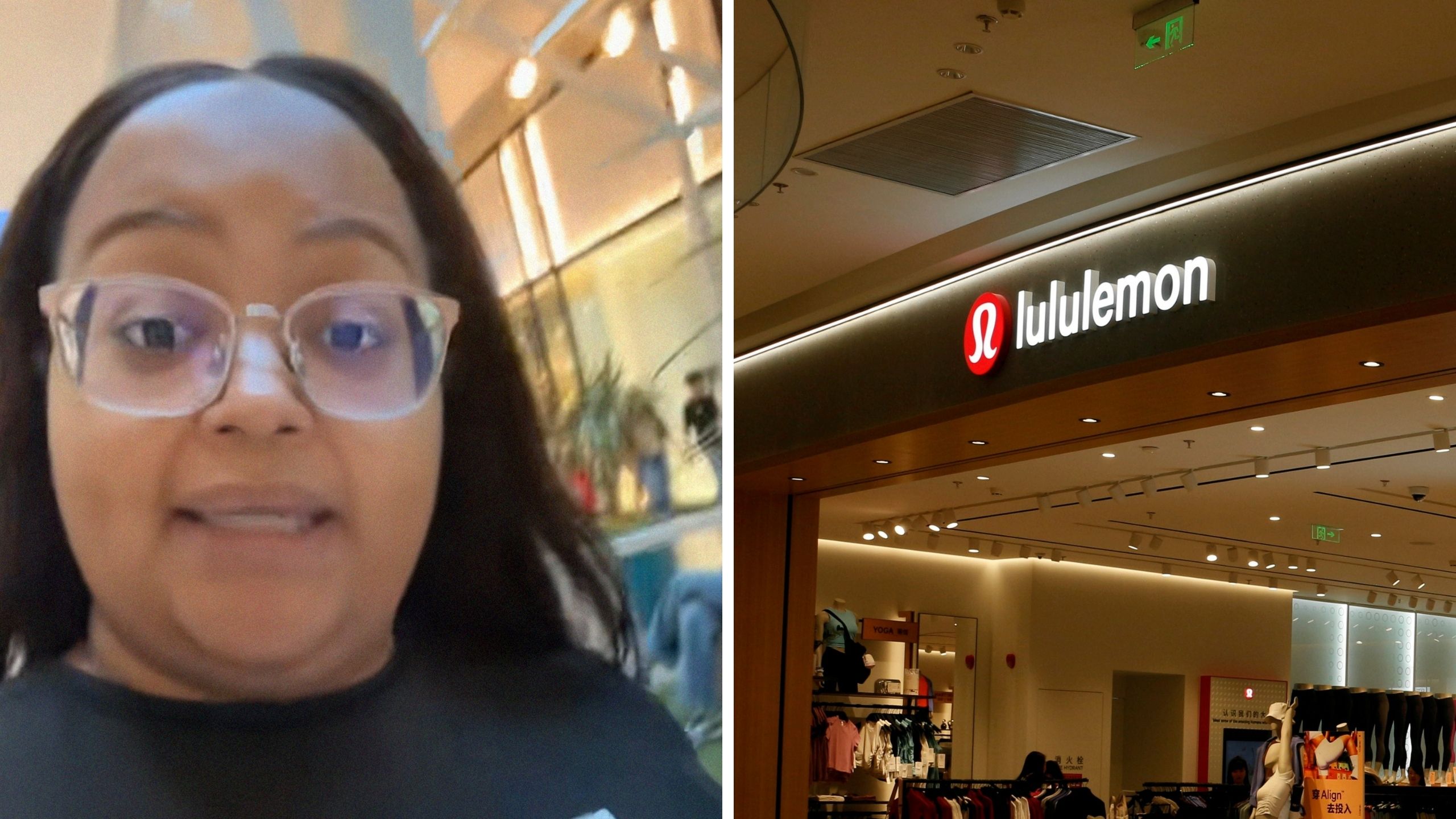 woman shares shopping issue (l) Lululemon store front (r)