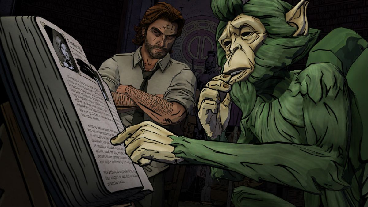 A surly wolf man looks over the shoulder of a green monkey in "The Wolf Among Us"