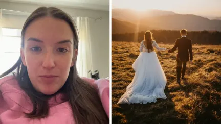 woman shares bad news (l) wedding photos (r)