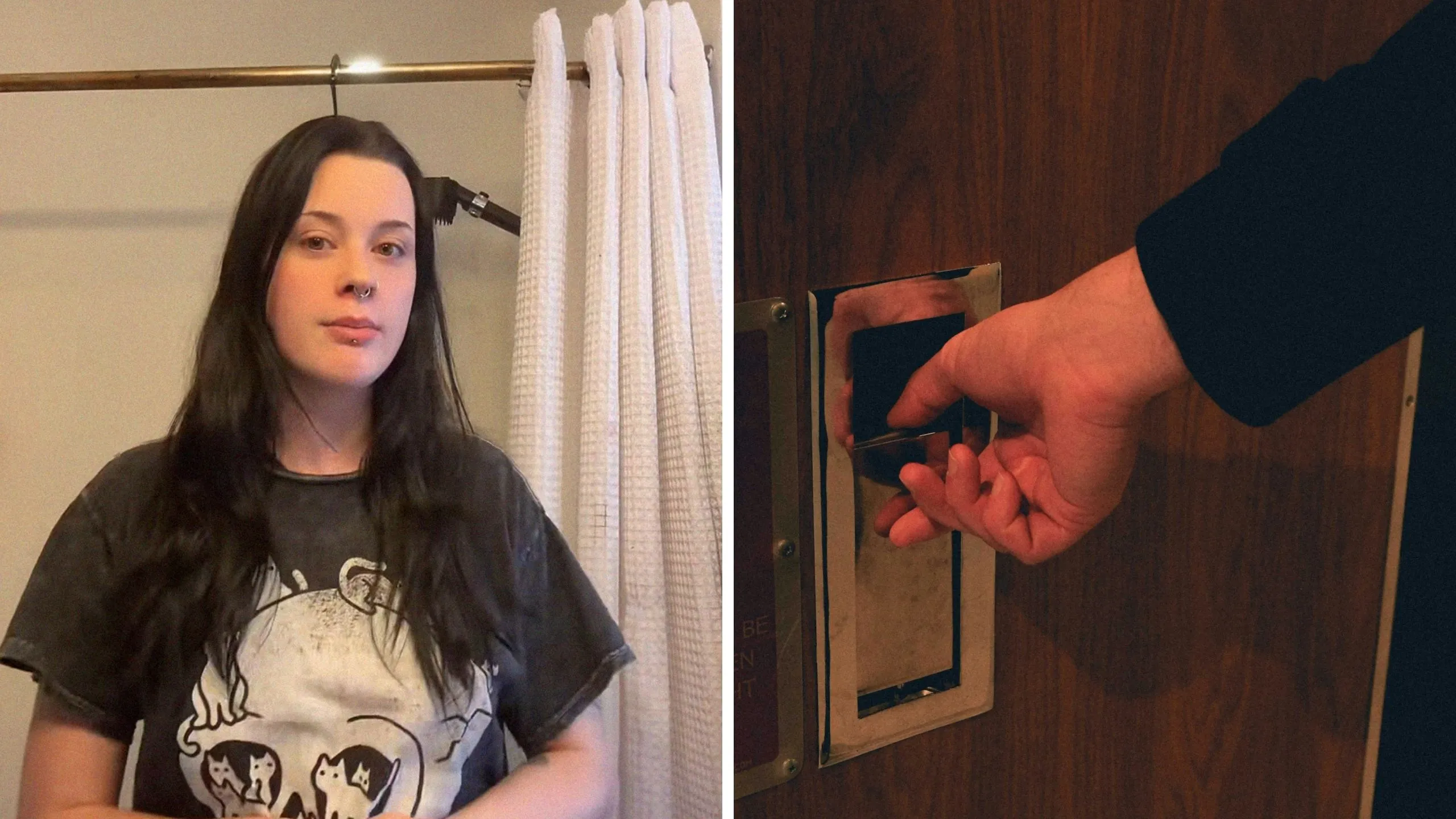 woman shares apartment issues (l) opening door of apartment (r)