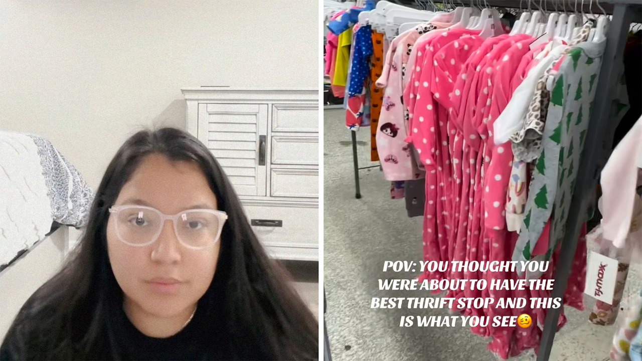 woman shares thrifting encounter (l) thrift store (r)
