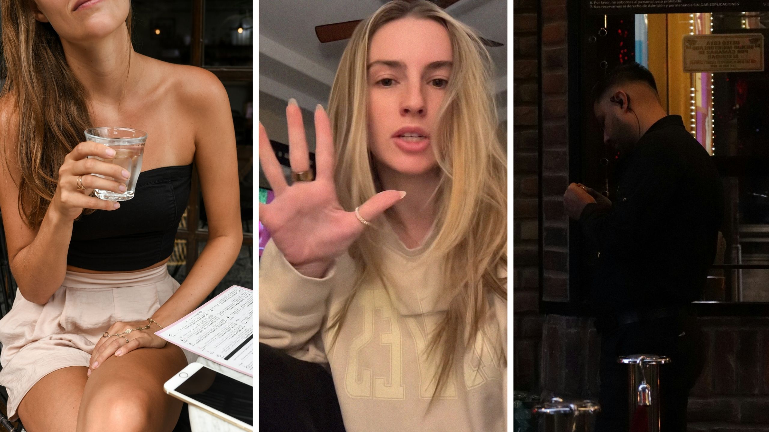 woman chilling at the beer (l) woman shares strange bar experience (c) bar bouncer (r)