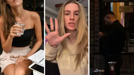 woman chilling at the beer (l) woman shares strange bar experience (c) bar bouncer (r)