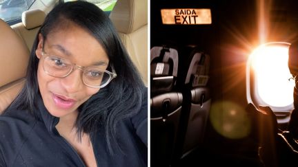 woman shares joke that goes viral (l) plane exit row (r)