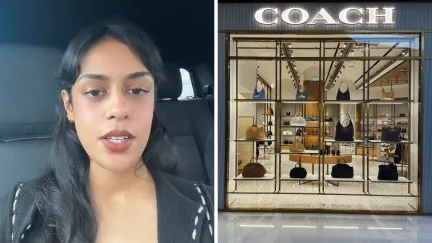 woman shares shopping experience (l) coach store front (r)