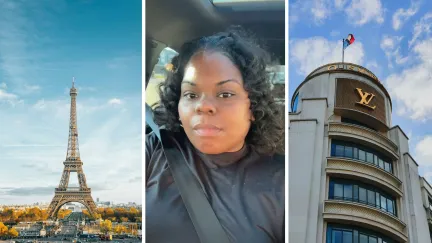 Eiffel tower (l) woman shares purchasing bag in paris issue after entering the US (c) Louis Vuitton store front (r)