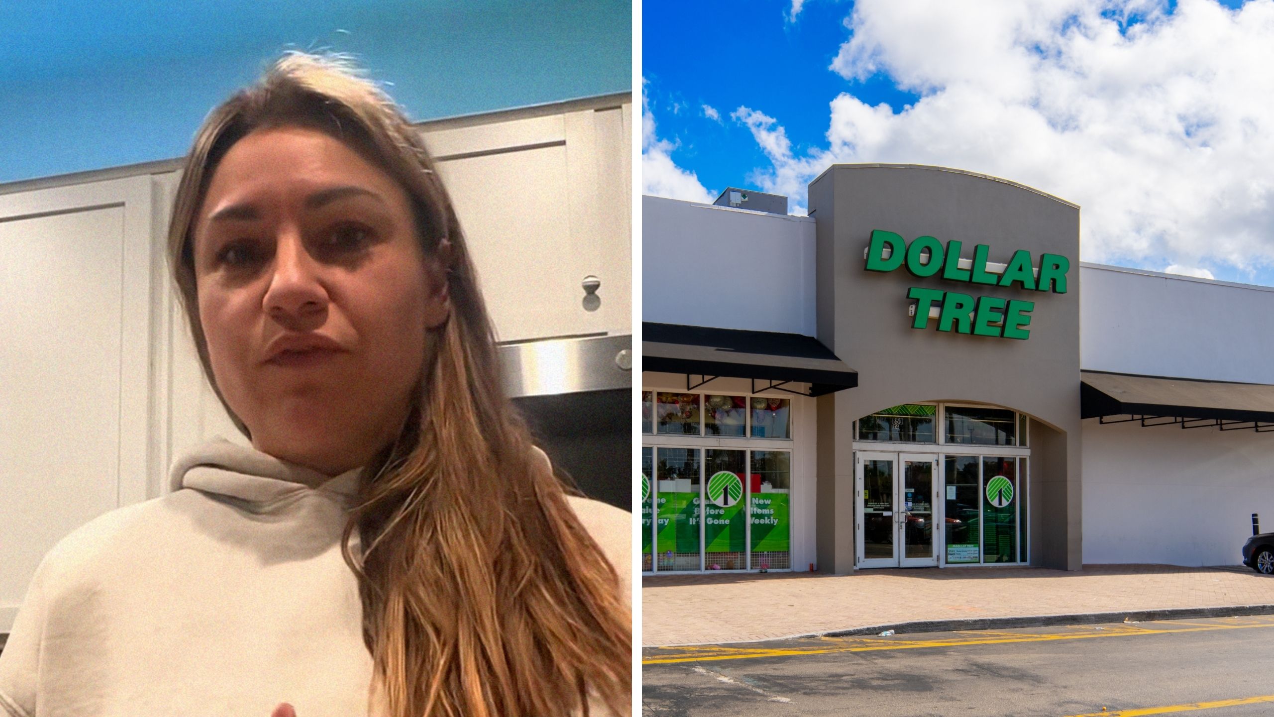 woman shares purchase issue (l) dollar tree store front (r)