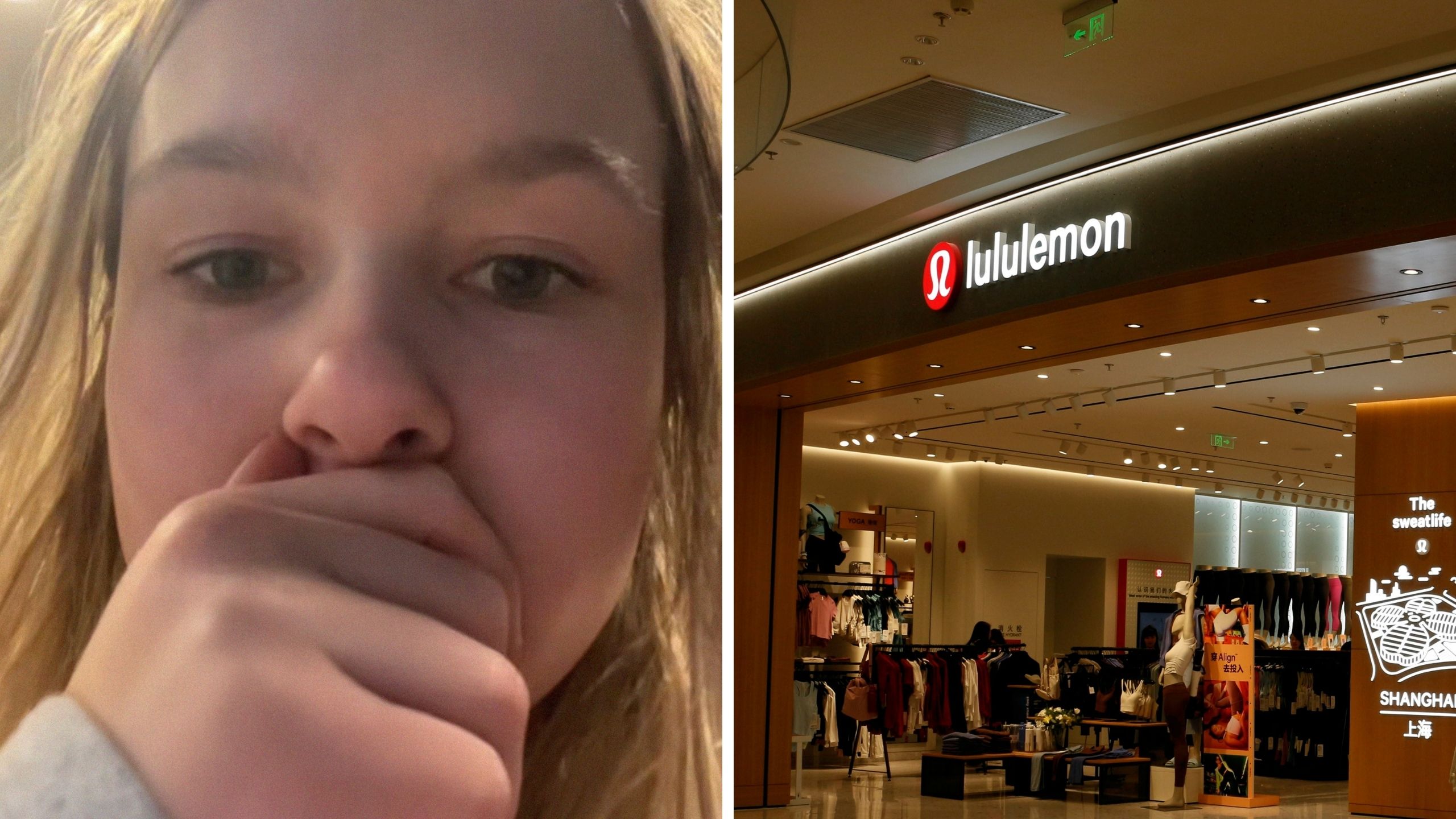 woman shares lululemon purchase issue (l) lululemon store front (r)