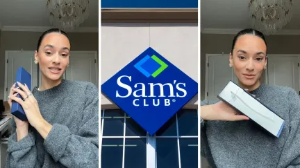 woman shares purchase issue (l) sams club store front (c) woman holding purchase (r)