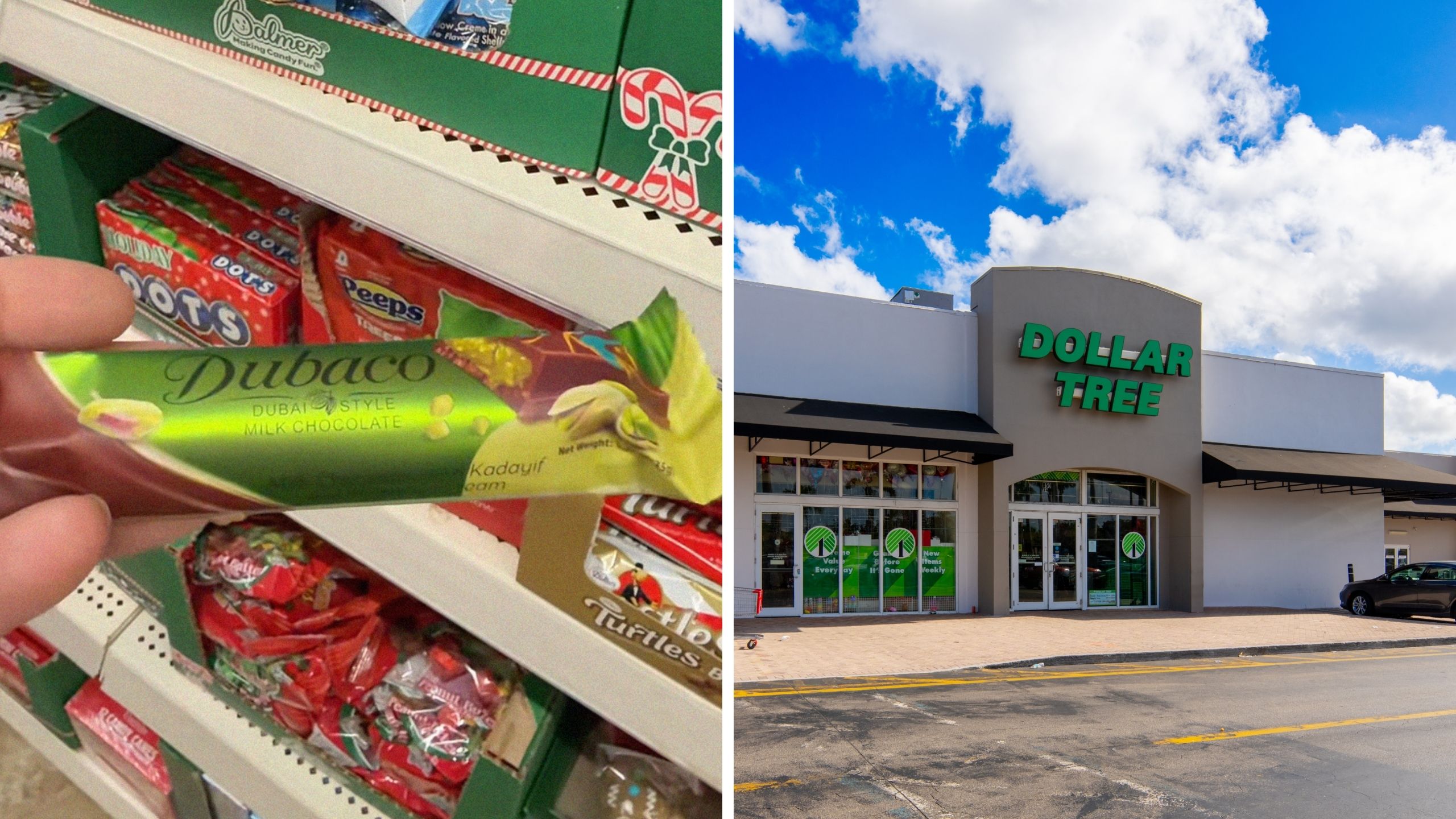 woman shares choclate she found (l) dollar tree front entrance (r)