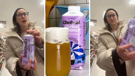 woman shares store purchase (l) chobani creamer (c) woman holding up creamer (r)