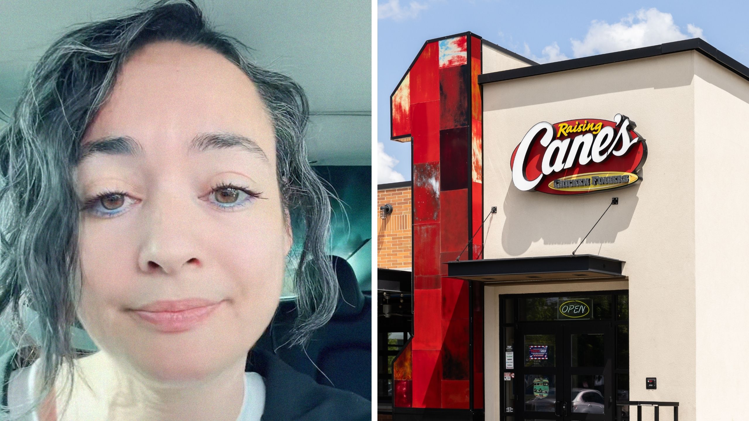 woman shares drive thru experience (l) raising canes front entrance (r)
