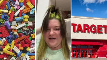 Lego blocks (l) woman shares purchase issue (c) target front entrance (r)