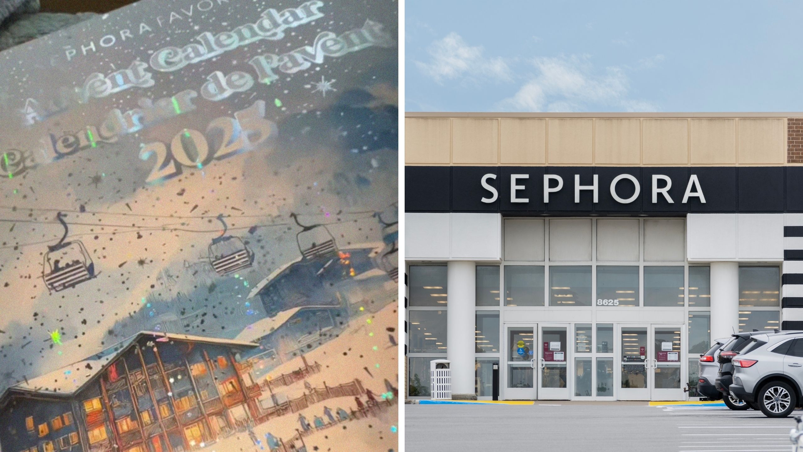woman shares sephora purchase (l) sephora store front (r)