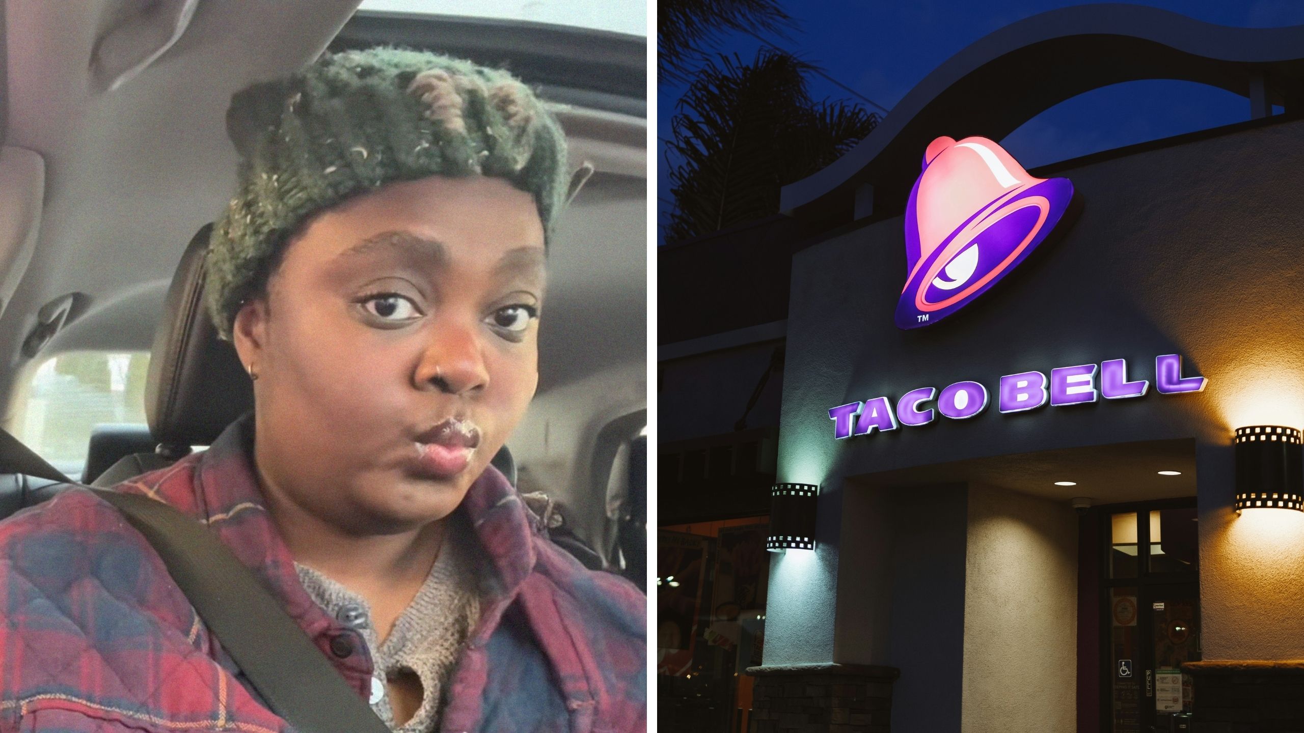 woman shares taco bell experience (l) taco bell store front (r)