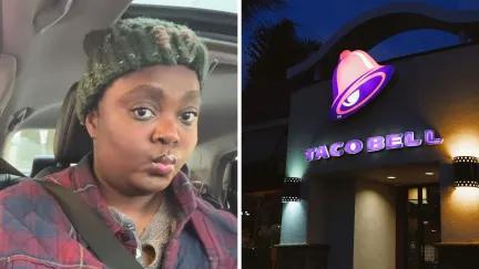 woman shares taco bell experience (l) taco bell store front (r)