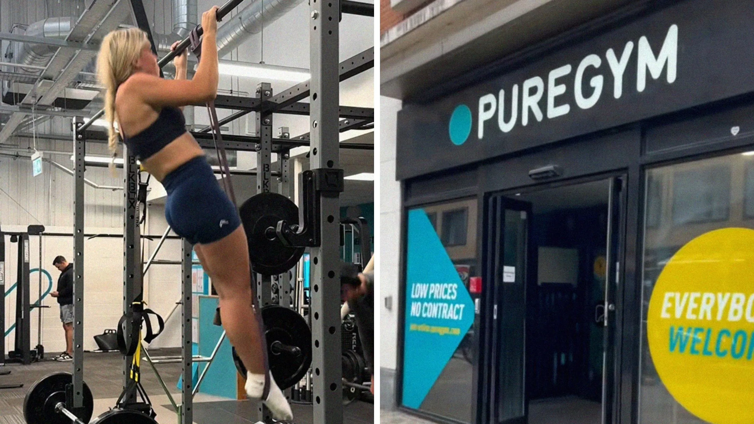 woman shares gym experience (l) Pure Gym entrance (r)