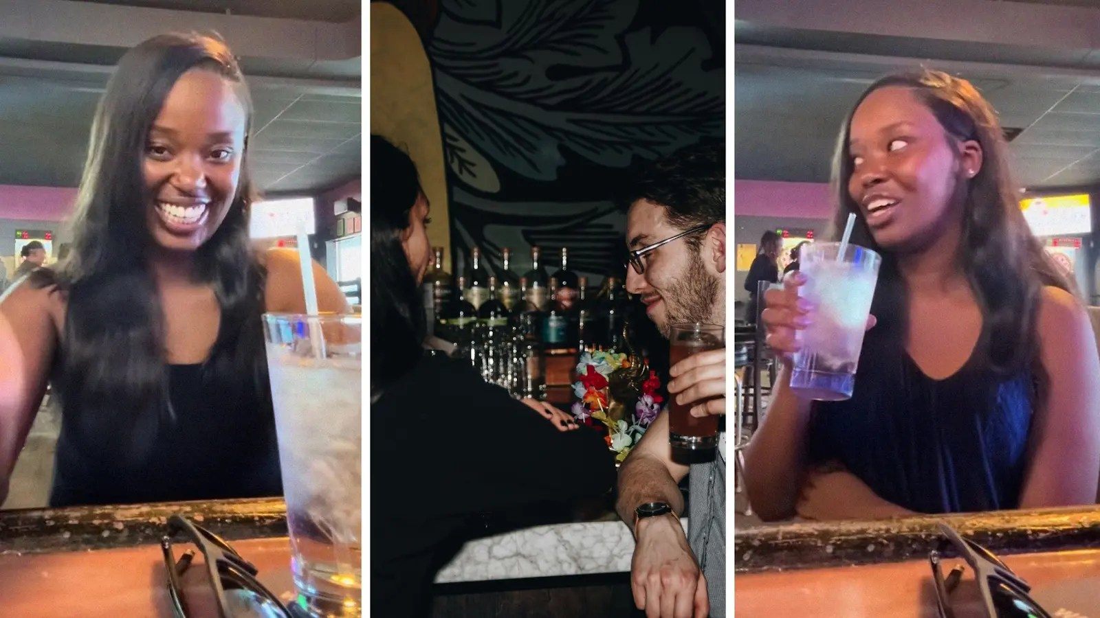 woman chilling at bar (l) man approaches woman at bar (c) woman drinking her glass of water (r)