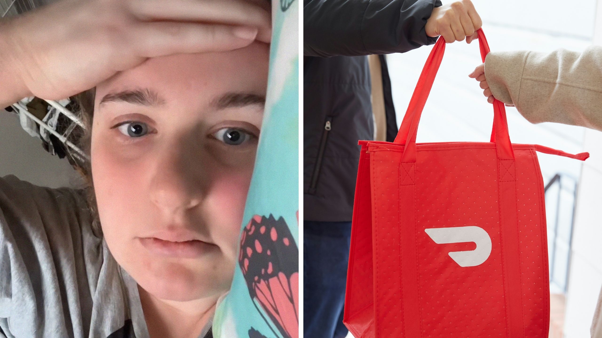 woman shares doordash experience (l) doordash bag (r)
