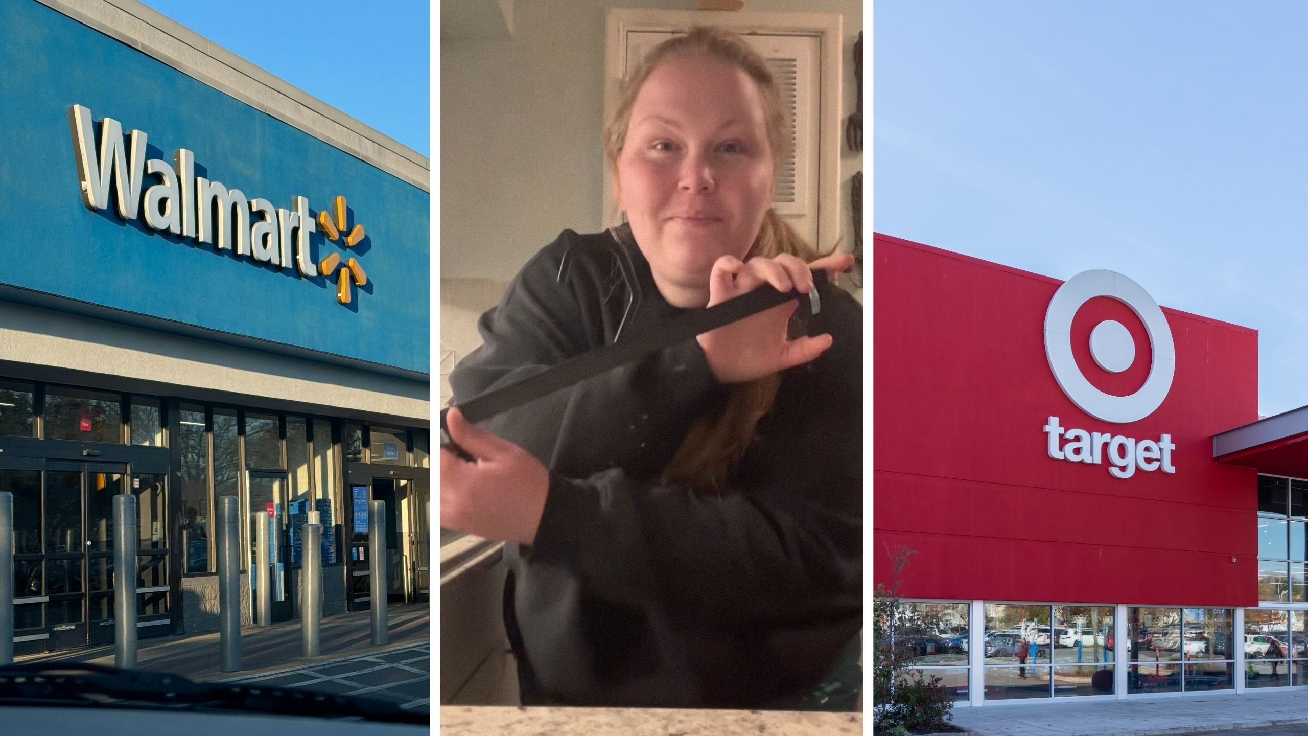 walmart store front (l) woman shares hanger hack (c) target store front (r)