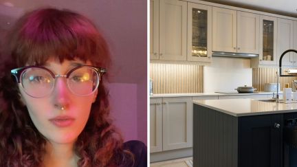 woman shares sleeping at a man house experience (l) kitchen cabinets (r)
