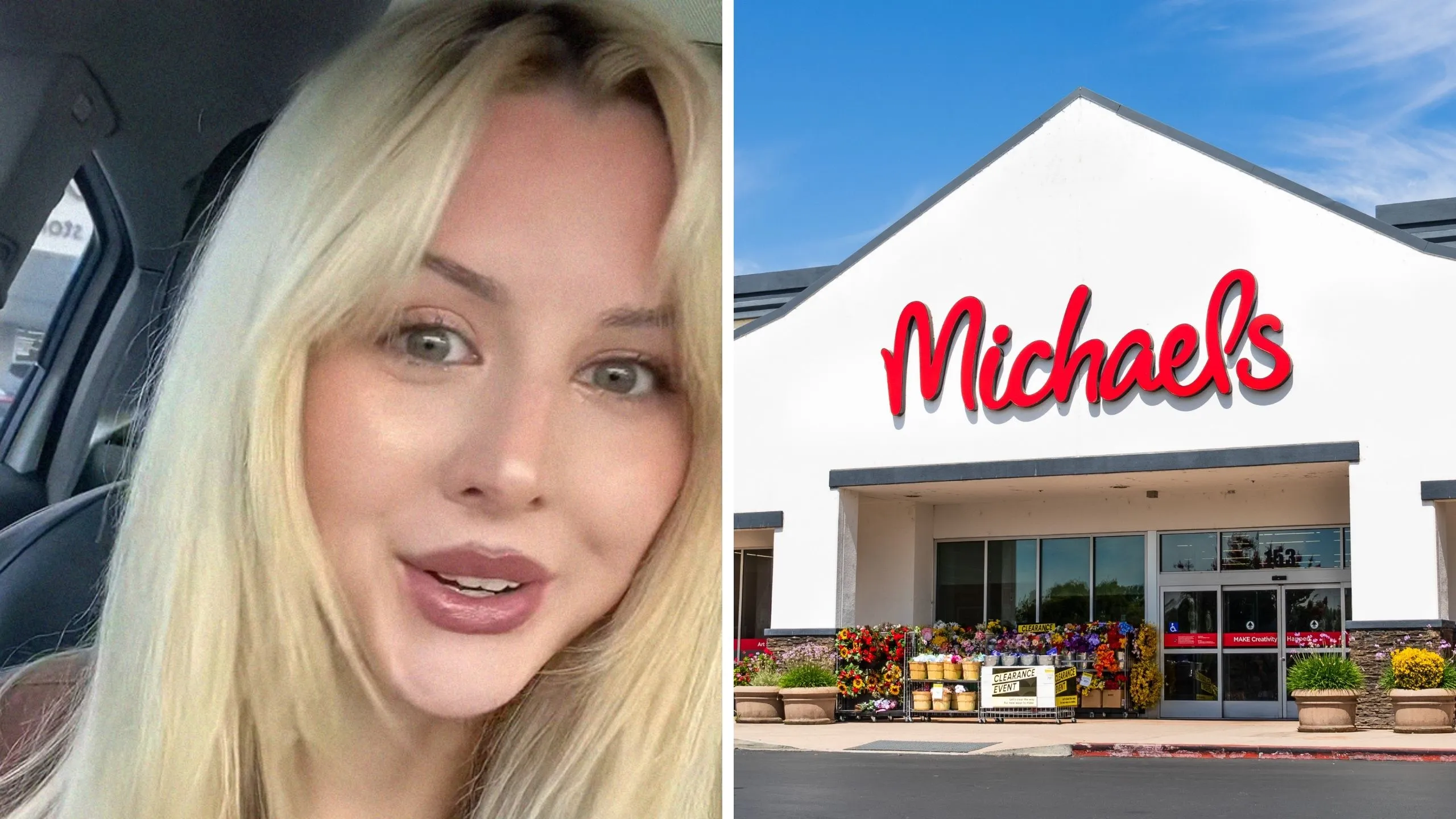 woman shares shopping experience (l) michaels store front (r)