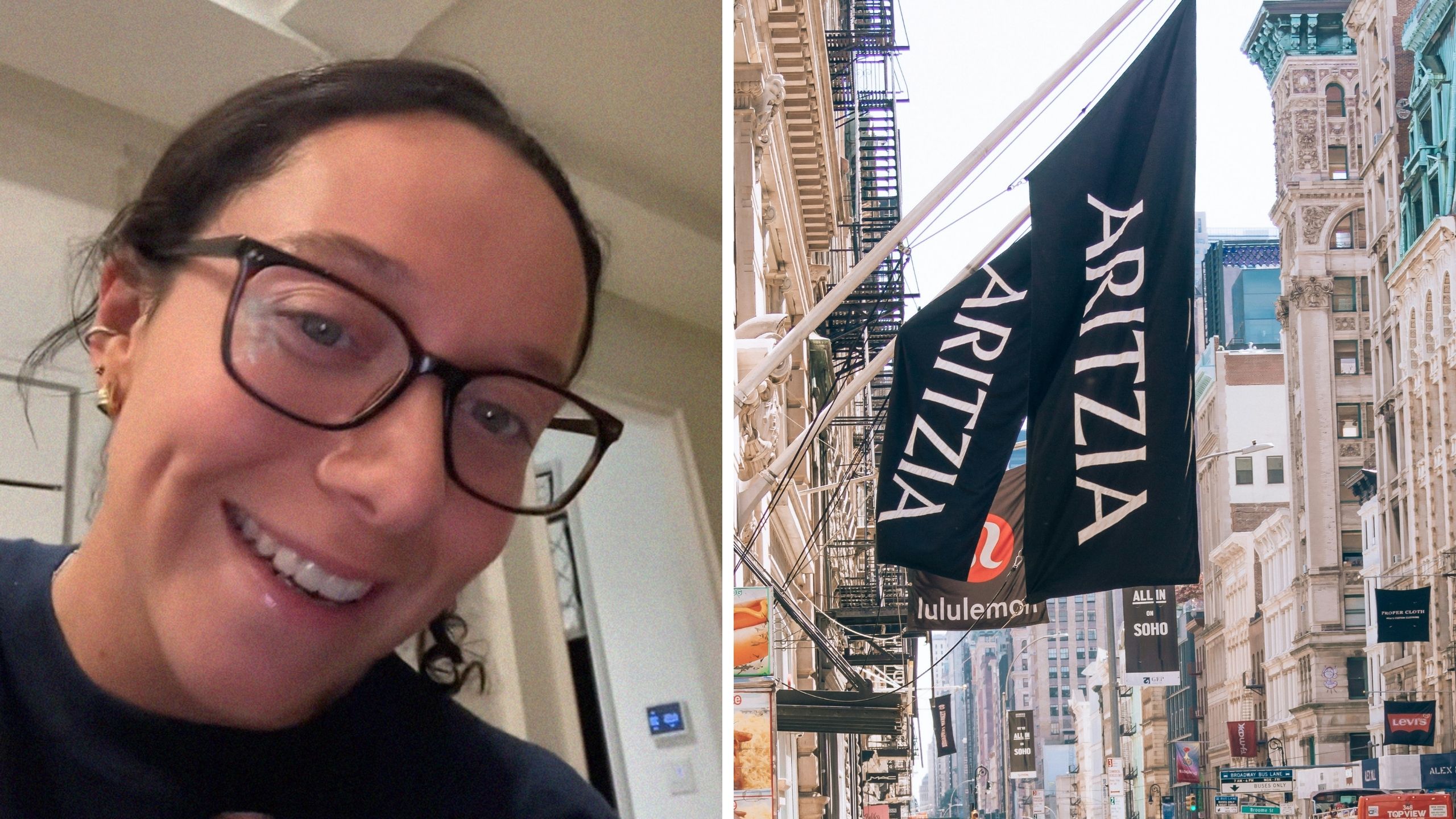 woman shares shopping experience (l) aritzia store front (r)