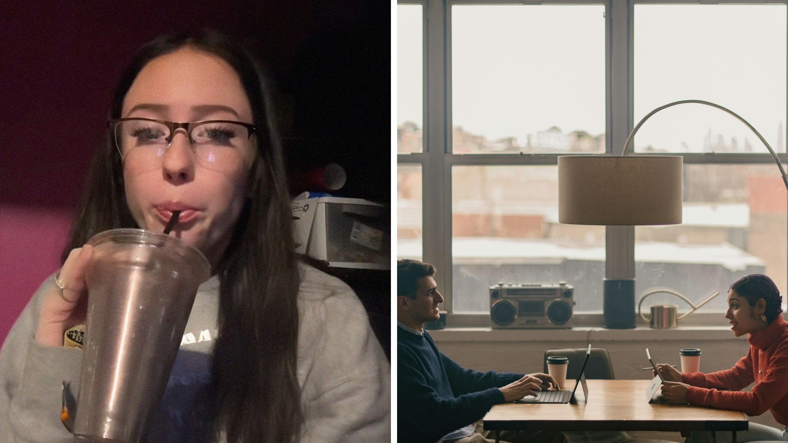 barista shares work experience (l) man and woman conversing at coffee store (r)