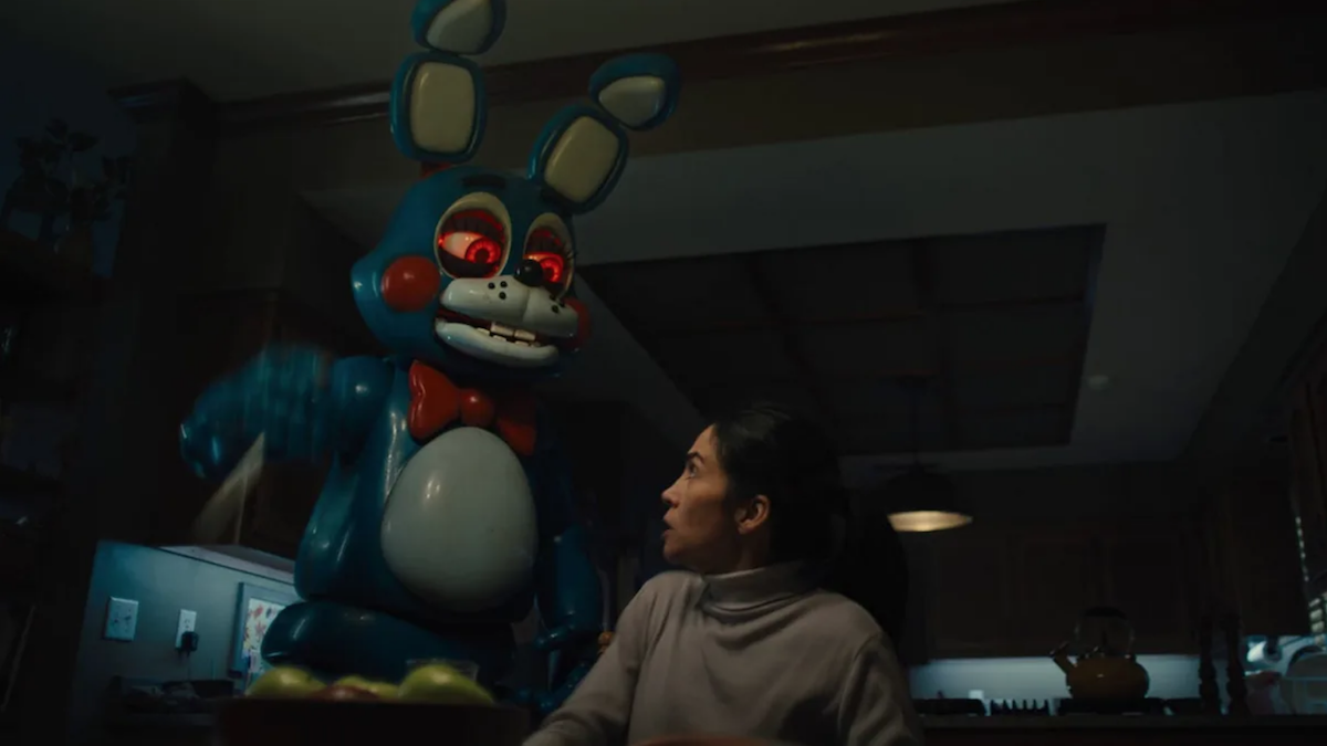 Animatronic bunny staring at girl