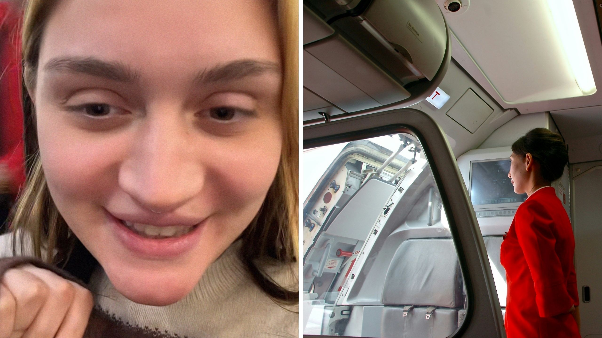 woman shares flight issues (l) flight attendant at plane entrance (r)